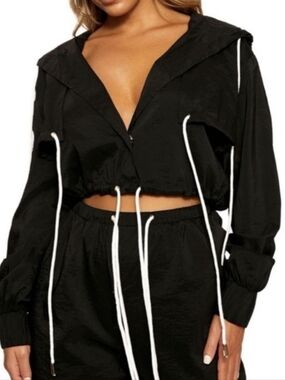 Naked Wardrobe Black Cropped Windbreaker Jacket Hooded Drawstring Lightweight M